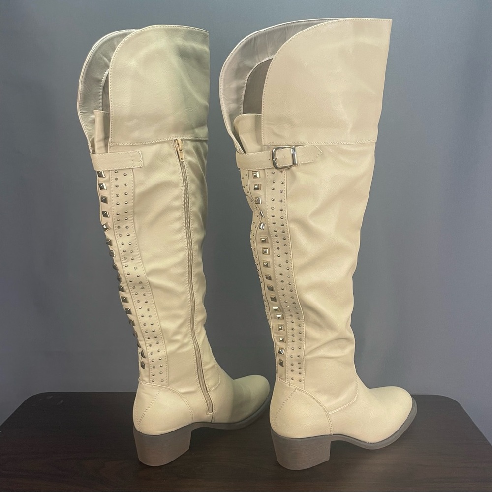 Shoedazzle size 10 knee high studded boots with side zip and buckle accent